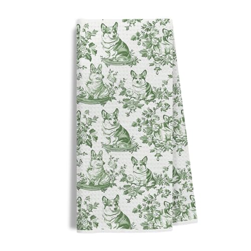 Image of Chinoiserie Corgi Dog Kitchen Towels, Gifts for Corgi Lovers Dish Tea Towels for Kitchen Decor, Grandmillennial Toile de Jouy Dog Decorative Hand Towels for Bathroom, 16x24 Inch(Green)