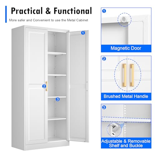 Image of Polup White Kitchen Pantry Cabinet, 71 Inch Tall Metal Storage Cabinet with Doors and Shelves, Pantry Cabinets for Kitchen Storage, Freestanding Cupboard for Living, Dining Room, Assemble Required