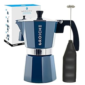 GROSCHE Milano Stove top espresso maker 6 espresso cup size 93 oz Blue and battery operated milk frother bundle for lattes