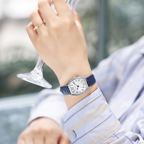 Elegant Barrel-Shaped Women's Watch with Easy Read Arabic Numerals and Stylish Silver-Blue Leather Strap - Image 5