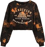 Boikukx Women's Fall Funny Halloween Tops Witch Museum Crop Pullover Sanderson Sisters Lantern Long Sleeve Tie Dye Graphic Sweatshirt(XL,03CBlack)
