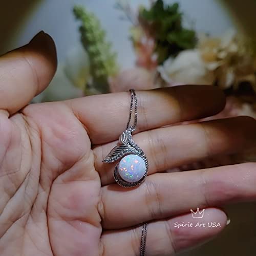 Diamond Mermaid White Opal Necklace Sterling Silver White Gold Fish Tail Opal Pendant White gold 18kgp3
