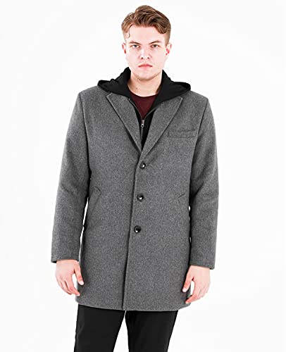 Image of Lisskolo Men's Wool Blend Overcoat with Detachable Hooded Trench Coat Hip Length