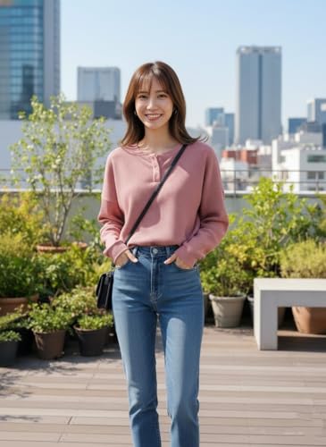 Image of Zilcon Full Sleeve Waffle (Wool) Oversized Tshirt for Women, Button Down Neck Longline Drop Shoulder Sweatshirt for Women
