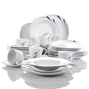 VEWEET ‘Karla’ 30-delige dinerset porseleinen zwarte lijnen patroon combinatiesets met dessertborden/soepborden/dinerborden/kopjes/schotels Service voor 6