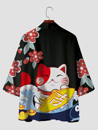 Image of LAI MENG FIVE CATS Women's Lucky Cat Cardigan Kimono Loose Cover up Casual Blouse Cute Tops
