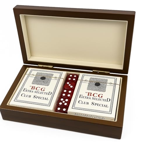 Kit de Jogos de Cartas em Caixa de Madeira com Verniz e Dobradiça Dourada – 2 Baralhos Clássicos e 4 Dados de Quartzo para Truco, Poker, Tranca e Jogos de Mesa
