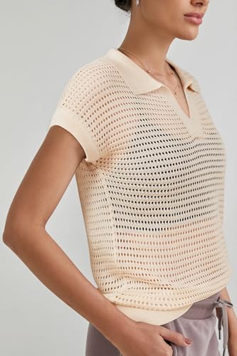 Arach&Cloz 2025 Women's Crochet Cap Sleeve Knit Tops Spring Summer Shirts Lightweight Collared Hollow Out Casual Blouses4