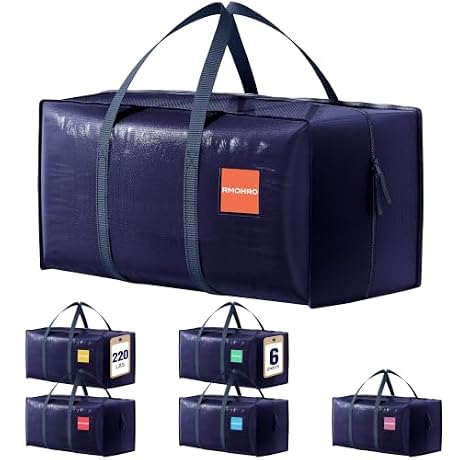 RMOHRO 6 Pack Moving Bags Heavy Duty 210GSM with Full-Open Side Zipper, 93L 220lbs Waterproof Foldable Storage Totes for College Dorm Move-In, Moving Boxes Alternative & Home Organization, Blue