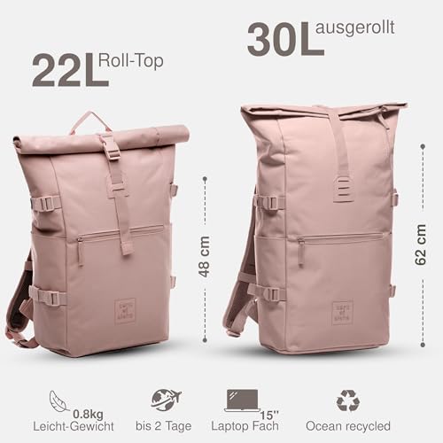 SONS OF ALOHA Rucksack KANE Roll-Top Kurierrucksack XL groß - PET recycelt, wasserabweisend - Wander-Rucksack Laptop-Fach 15 Zoll rose