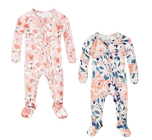 Image of Vollmic Baby Girls Footie Pajamas 0-9 Months Rayon derived from Bamboo Floral Printed Sleepers for Newborn Girl 2 Packs