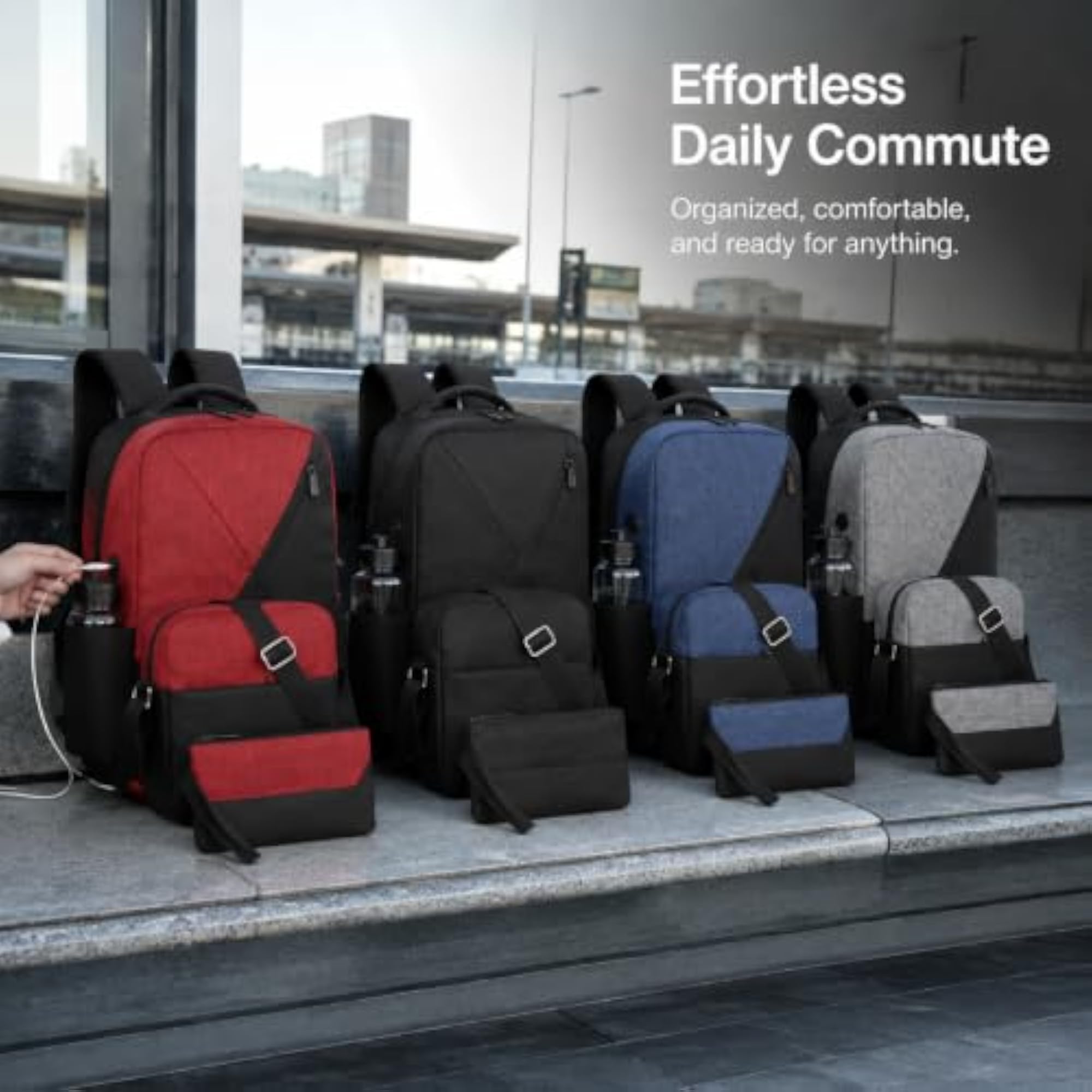 Oxford Fabric Laptop Backpack 3-Piece Set, Black