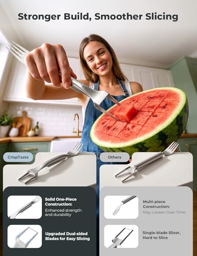 Image of 2-in-1 Watermelon Fork Slicer Cutter Tool 304 Stainless Steel | Upgraded Dual Blades for Quick Slicing, Durable Solid One-Piece Construction for Home Party Camping Kitchen Gadget