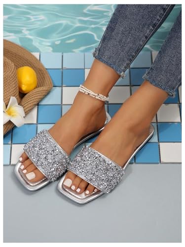 Image of GORGLITTER Women's Sparkly Jeweled Flat Sandals Dressy Open Toe Glitter Shiny Slippers Slip-on Shoes