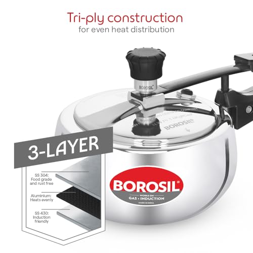 Image of Borosil Triply Pressure Cooker | SS304 Food Grade Stainless Steel | Even Heat Distribution | Gas Stove & Induction Compatible | Dishwasher Safe | 5 Years Warranty (1.5 L, Outer Lid)