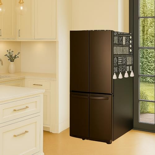 Image of Four Door Fridge Cover >400L | 450 GSM Durable Fridge Top Cover with Tassels & Pockets | Fits Godrej, LG, Haier, Samsung Models | Dustproof Refrigerator Cover in Mud Cloth | WWW.THROWPILLOW.IN