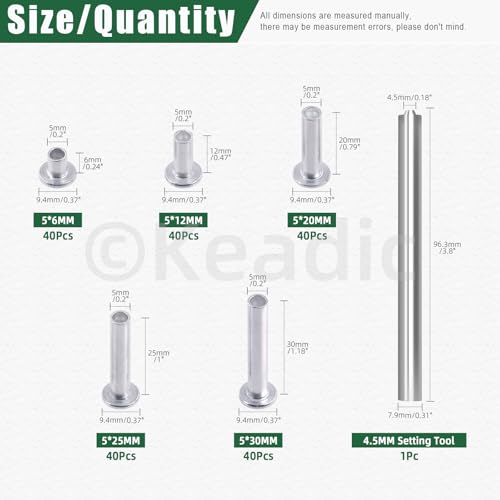 Keadic 201Pcs M5 Aluminium Flachkopf Halbrohr Nieten Sortiment Set, M5 x 6/12/20/25/30mm Silber Ton Metall Bolzen Befestigungen für Leder Haushalt Automobilindustrie