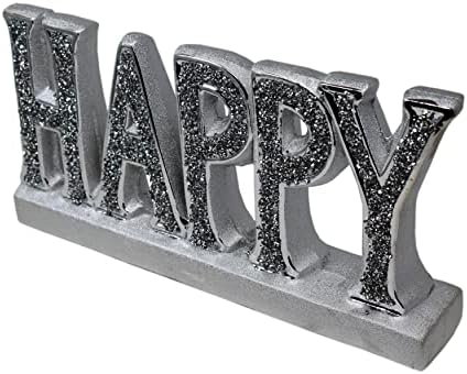 Amazing Gift Silver crushed diamonds Happy Sign sparkle ornament | CRYSTALLIZED Silver Happy Letters Crushed Diamond Display