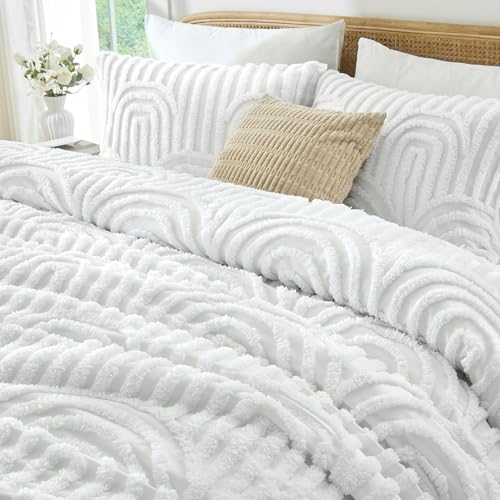 Image of Nesker Boho Tufted Full Comforter Set, 7 Pcs White Bedding Sets, Cozy Chic Soft Bed in a Bag, Arch Pattern Shabby Bed Set All Season with Comforter, Fitted Sheet, Flat Sheet & Pillowcases