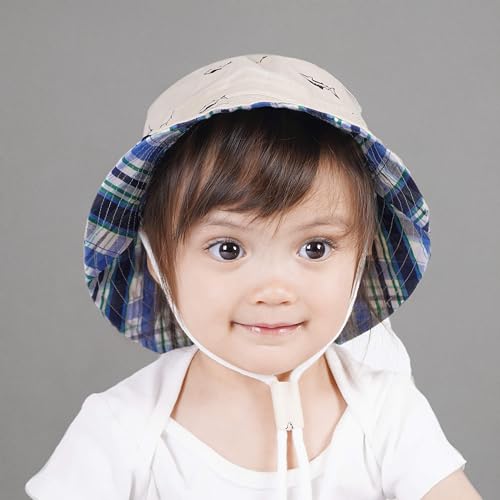 Image of LANGZHEN Sun Protection Hat for Kids Toddler Boys Girls Wide Brim Summer Play Hat Cotton Baby Bucket Hat with Chin Strap