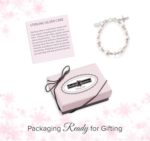 Image of Cherished Moments 925 Sterling Silver Bracelet for Girls with Simulated Pearls and Crystals and Cross Charm First Communion Gift
