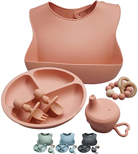 Image of Baby Feeding Set Silicone Baby Bib Baby Plate Bowl Spoon Fork Divided Plate Baby Teether Baby Led Weaning Baby Gift Set