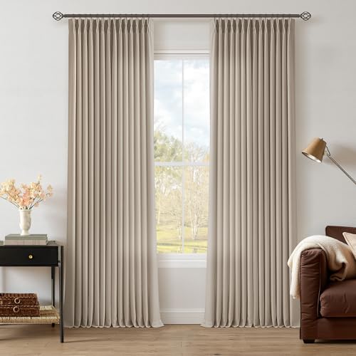 Pinch Pleated Burlywood Birch Linen Semi Sheer 86 Inch Curtains 2 Panels Set for Bedroom, Memory Trained Pinch Pleat with Back Tab Light Filtering Non See Through Living Room Farmhouse Windo