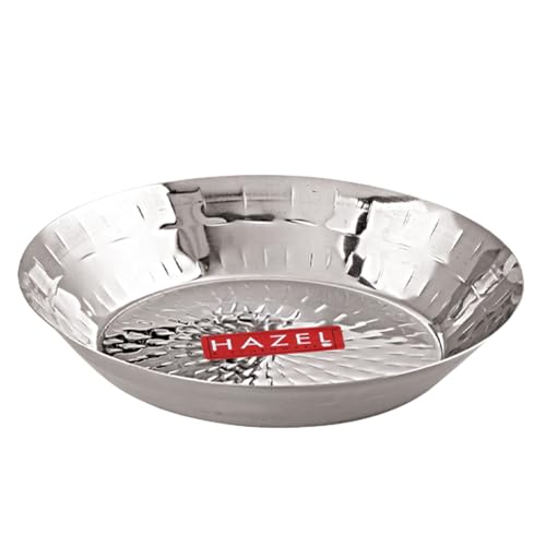 Image of HAZEL Stainless Steel Snack Plate 18.5 cm Hammered Design, 650ml | Kopri Plate Nashta Serving Plate Breakfast Steel Dish