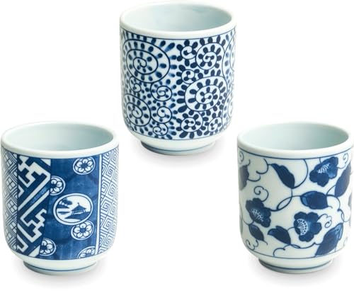 3 pezzi - Tazze da tè - Set - Edo japan - Tazze da tè giapponesi - Set bicchieri da tè - Tazze da tè blu e bianco - Bicchieri da tè - Bicchieri da caffè - Tazze da caffè - Tazza - Set da tè - Servizio