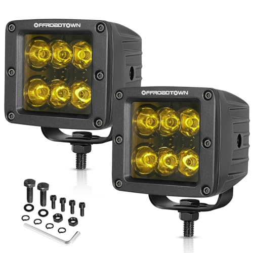 OFFROADTOWN 3 Inch Yellow LED Pod Lights 120W CREE LED Cubes Spot Fog Light Offroad Driving Lights Yellow LED Light Bars Chase Pods Bumper LEDs 2PCS for Truck Motorcycle UTV ATV SUV RZR