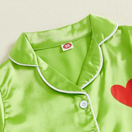 Kuriozud Toddler Girl Boy Christmas Satin Pajamas Heart Print Feather Trim Sleeve Button Down Sleepwear Kids Little Pjs Set4