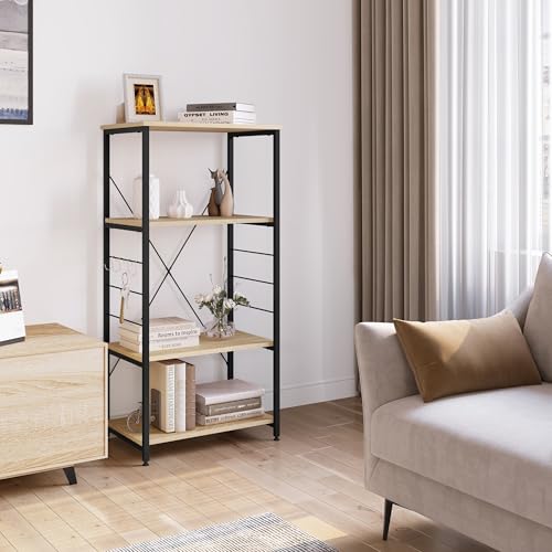 Foto von WOLTU Küchenregal Standregal Mikrowellenhalter, Bäcker Regal, Metallregal aus Holz und Stahl, mit 4 Ablagen, ca. 60 x 124 x 40 cm, Hell Eiche + Schwarz