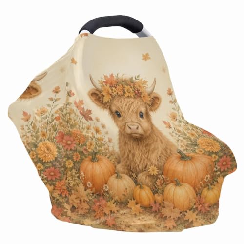 Image of Wanyint Baby Car Seat Cover Carseat Canopy for Boys Girls, Multi-Use Nursing Breastfeeding Cover Nursing Scarf for Breastfeeding Mothers Fall Decor, Highland Cow Pumpkin Maple