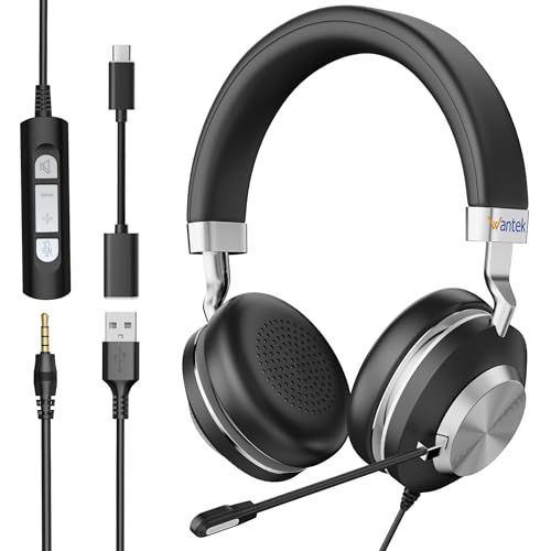 Wantek Auriculares con Micrófono PC,Cascos con Cable USB A y Jack 3,5 mm con Adaptador Tipo C,Cancelación de Ruido,Control de Volumen y Botón Silencio para Call Center,Zoom,Teletrabajo