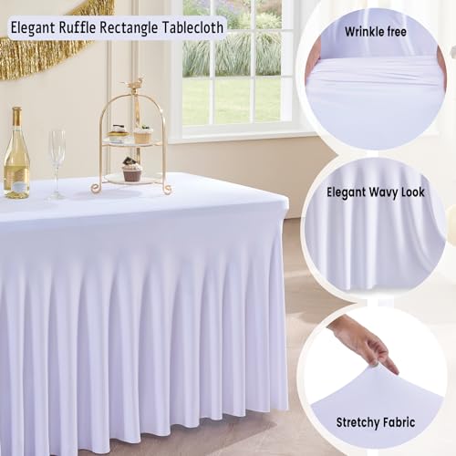 Image of Outpain White Spandex Table Clothes for 5 Foot Rectangle Tables-4Pack 5FT Spandex Fitted Table Cover, Wrinkle Free Tablecloths with Skirt for Parties, Wedding, Birthday, Banquet, Festival