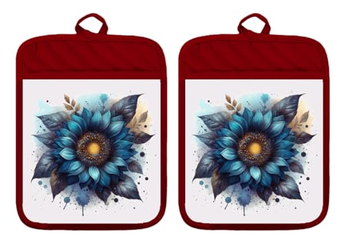 Set of 2 Pot Holders Oven Mitts Hot Pads 100% Cotton Midnight Blaze Flower Blue Sunflower Fall Farmhouse Country Kitchen DZ432DPH (Red)