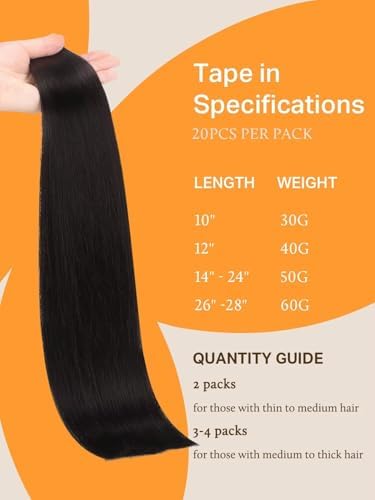 DOORES Tape in Hair Extensions Human Hair, Jet Black 20 Inch 50g 20pcs,Skin Weft Seamless Tape in Real Remy Straight Hair for Women — view 3