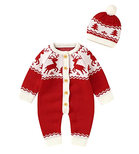 Image of Baby Boys Girls Christmas Pullover Outfits Newborn My First Xmas Outfit Red Baby Sweater+Hat Clothing Set