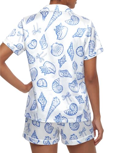 Image of Umenlele Women's Silk Satin Pajamas Set Striped Short Sleeve Button Down Sleepwear 2 Piece Soft Loungewear PJs
