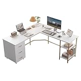 Techni Mobili L Shaped Desk - Two-Toned Computer Desk with Drawers & Storage Shelves - Simple Modern Furniture & Home Office Space Corner Table for Work & Writing