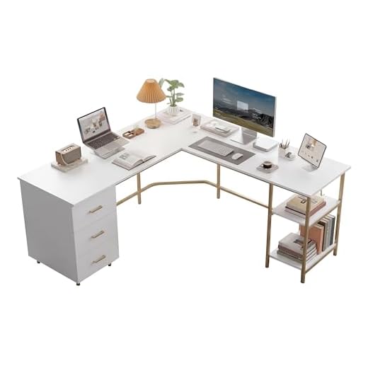 Techni Mobili L Shaped Desk - Two-Toned Computer Desk with Drawers & Storage Shelves - Simple Modern Furniture & Home Office Space Corner Table for Work & Writing