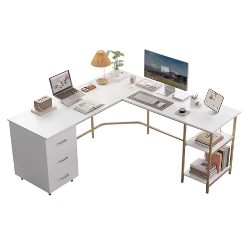 Techni Mobili L Shaped Desk - Two-Toned Computer Desk with Drawers & Storage Shelves - Simple Modern Furniture & Home Office Space Corner Table for Work & Writing