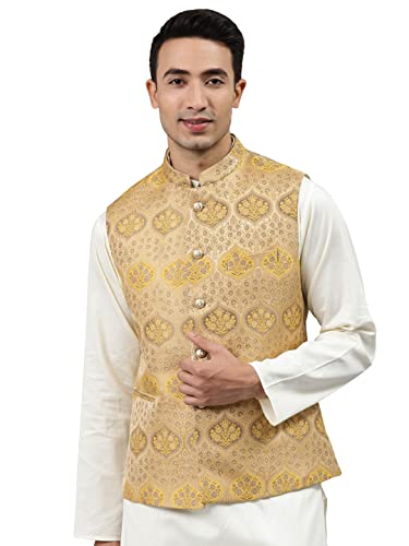 Image of MANQ Men Fawn Woven Jaquard Silk Nehru Jacket
