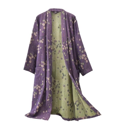 PRINCESS BRIDE Cotton Gauze Jacquard Japanese Yukata Soft Nightdress Bathrobe Nightgown Breathable Pajamas for Women XL Purple