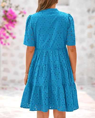 Image of BTFBM Womens Boho Summer Dresses 2026 Spring V Neck Short Sleeve Hollow Out Lace Ruffle Casual Beach Mini Vacation Dress