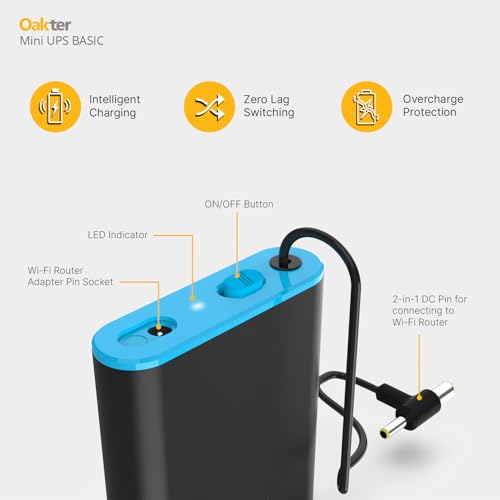 Image of Oakter Mini UPS Basic for WiFi Router Broadband Modem | Supports 12V-2A Routers. Backup Upto 3 Hours | WiFi Router UPS Power Backup During Power Cuts| Current Surge & Deep Discharge Protection
