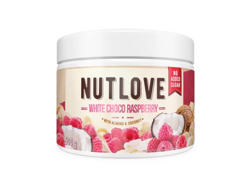 ALLNUTRITION Nutlove Crème à tartiner au chocolat blanc et à la framboise avec des morceaux d'amandes et de noix de coco, hypocalorique et sucrée au maltitol pour des desserts en forme 500g Cover
