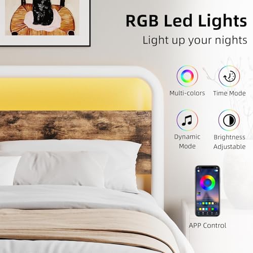 Image of Queen Bed Frame, Metal Platform Queen Bed Frame with Wood Headboard, White | RBG LED Lights /Heavy Duty Metal Slats Support /12 in Under-Bed Storage /Noise-Free /No Box Spring Needed /Easy Assembly