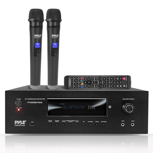 Pyle Verstärker, AV Receiver, HiFi Verstärker, Bluetooth Verstärker, Stereo Verstärker- 1000W 5.2 Kanäle mit 2 UHF Kabellosen Mikrofonen, Amplifier, MP3/USB/HDMI/AM/FM Radio,...