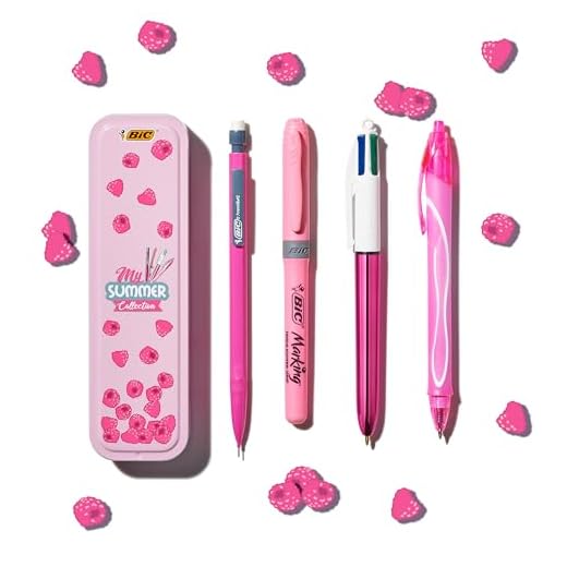 BIC Summer Pink Box, Estuche metálico Rosa que incluye: Bolígrafo de Gel de Punta Media (0.7.mm), Bolígrafo de 4 Colores (1.00.mm), Portaminas, Subrayador Rosa. (Paquete de 1, 4 Uds dentro)